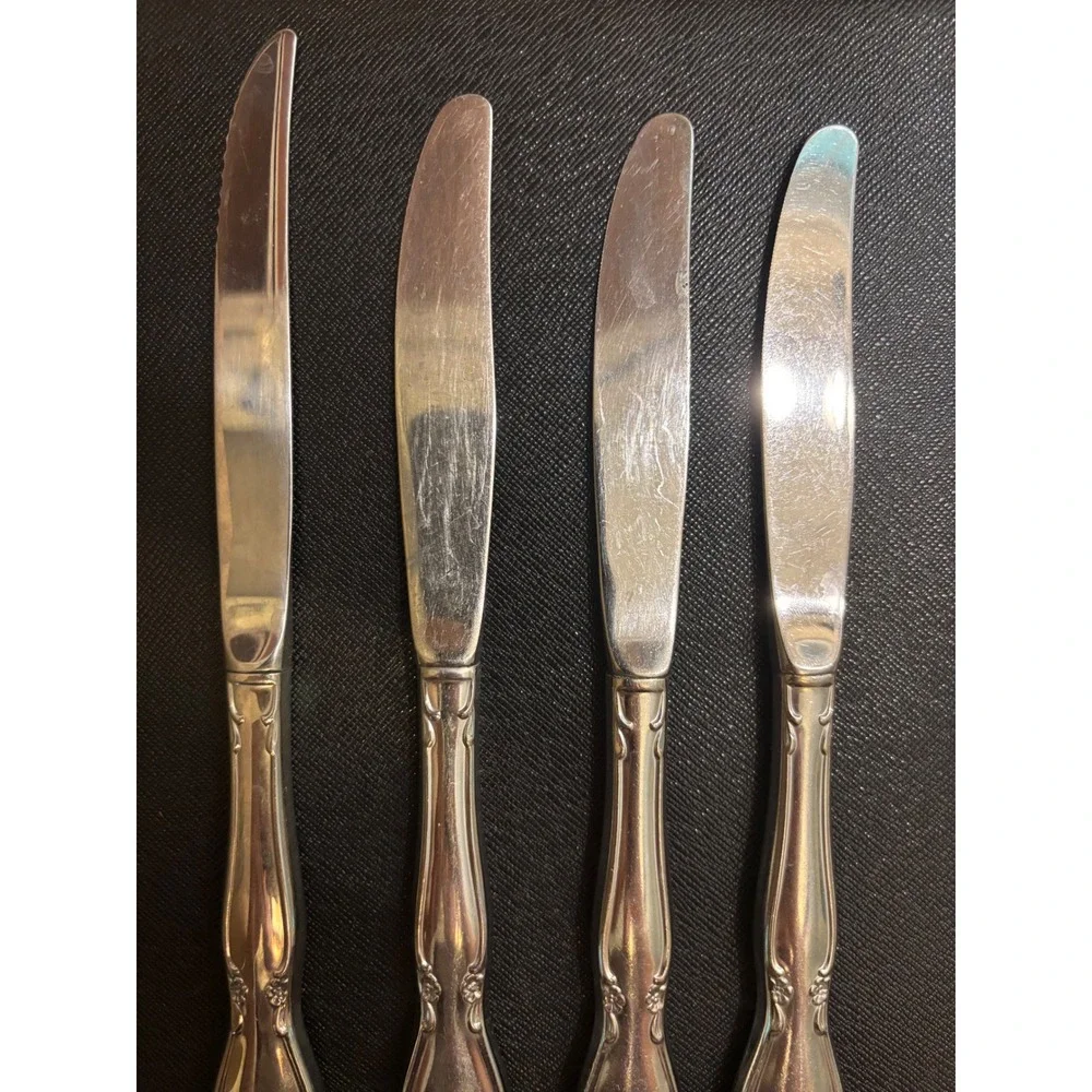Vintage Stainless Steel Floral Scroll Knives Set of 4 Mixed Dinner Steak Knives